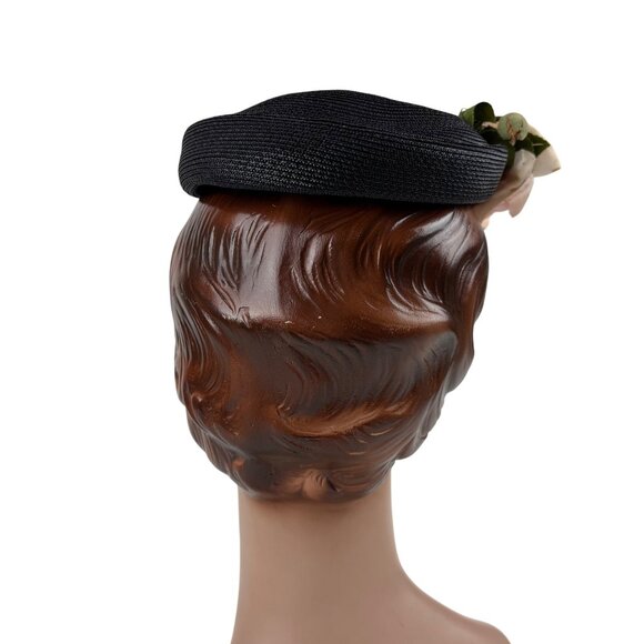Vintage 50s Rose Hat Pink Black Woven Straw Round Pillbox Charmer - Picture 5 of 10